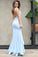 Elegant Mermaid Scoop Backless Blue Satin Sweetheart Slit Prom Dresses with Split