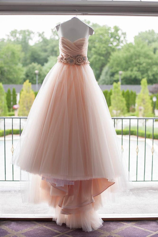 High Quality Ball Gown Ruffles Pink Sweetheart Wedding Dress Waist with Handmade Flowers