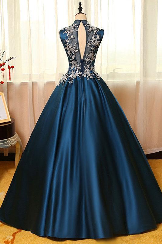 High Neck Sleeveless Appliques Ball Gown Open Back Satin Long Blue Prom Dresses