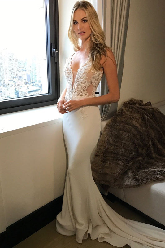 2024 Long Princess Mermaid V-Neck Sleeveless Lace Sexy Ivory Wedding Dresses