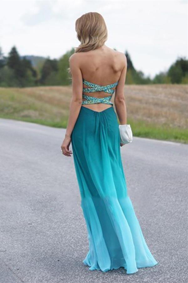 Green A-line Long Real Beauty Peacock Green Strapless Gradient Ombre Chiffon Prom Dresses